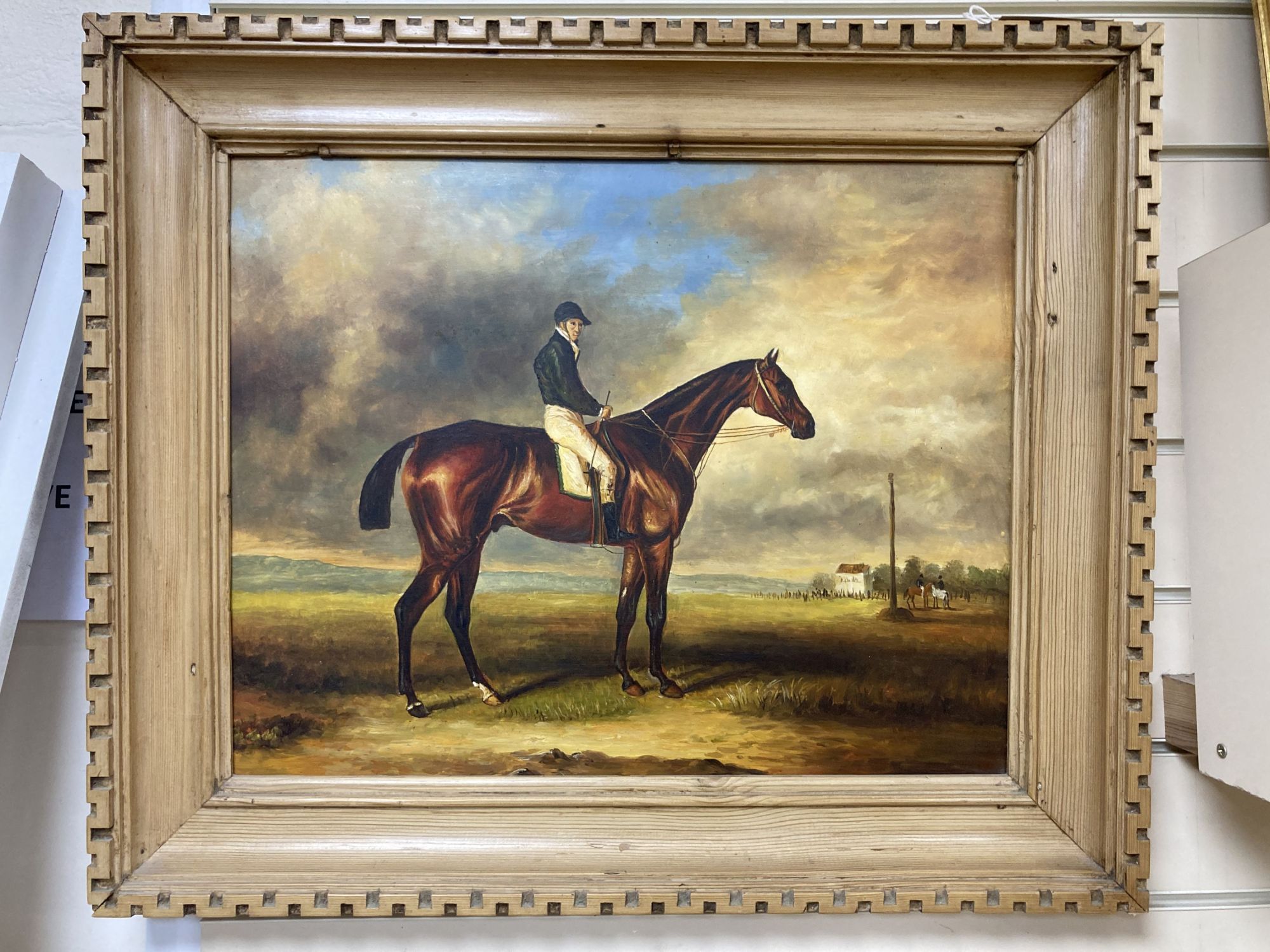 After Herring, a modern oil on board, Racehorse with jockey up, 40 x 50cm